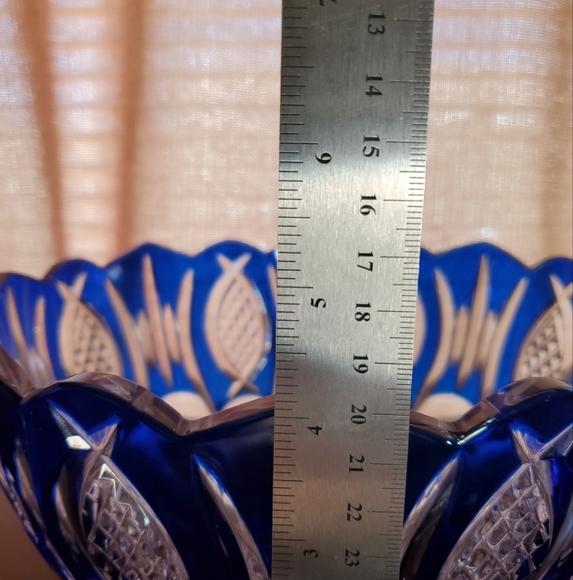 Sold!Vintage Blue Cut to Clear Crystal Console Bowl Cobalt Blue Signed  9"x4" - Picture 7 of 8